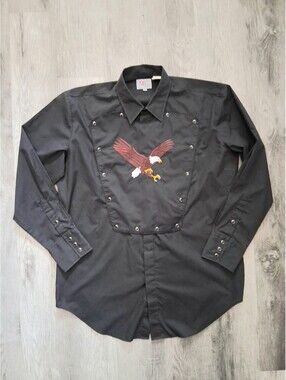ELY DIAMOND Mens L Black Snap Front Cowboy Western Shirt with Embroidered  Eagle